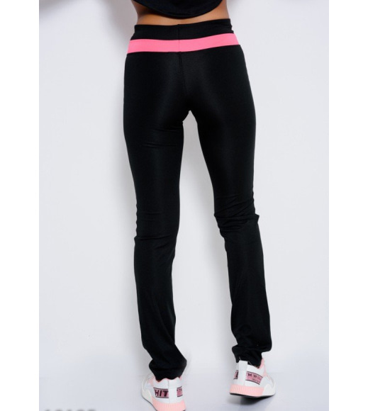 Черные эластичные спортивные штаны с розовой вставкой на поясе