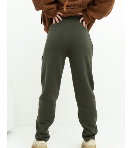 Теплые спортивные штаны цвета хаки с клапаном