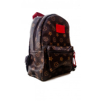 Коричневый рюкзак со светлым рисунком и красными деталями