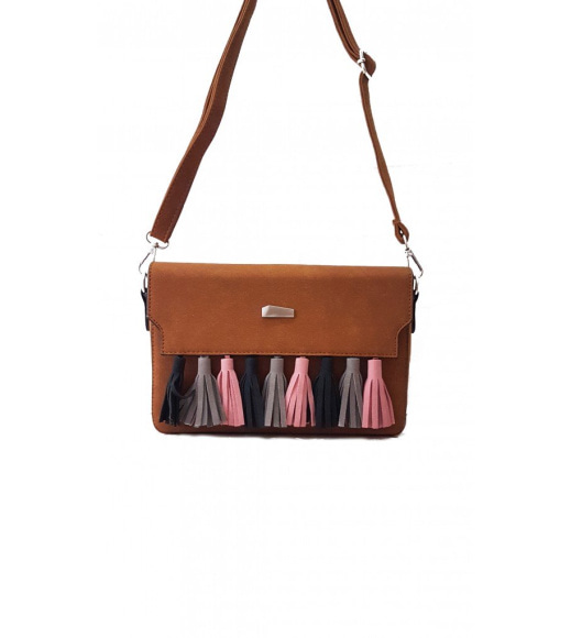 Коричневая женская сумочка-клатч с цветными кистями