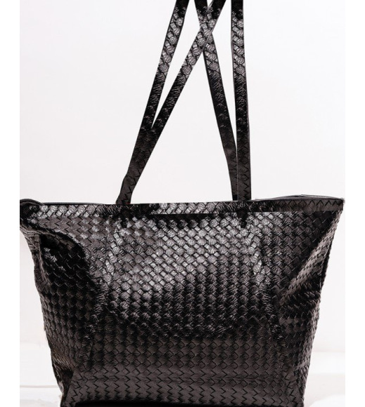 Черная фактурная сумка-шопер с плетением
