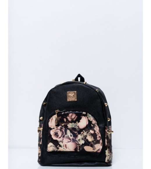Черный рюкзак с шипами и цветочными вставками