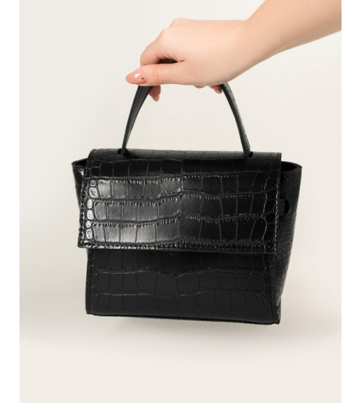 Чорна сумка-валізка з фактурної еко-шкіри