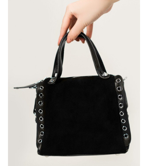 Чорна сумка-валізка з замшевою вставкою