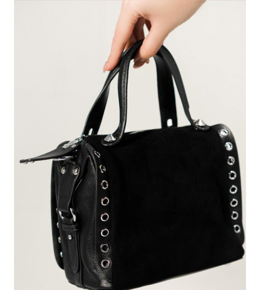 Черная сумка-чемоданчик с замшевой вставкой