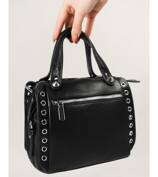 Черная сумка-чемоданчик с замшевой вставкой