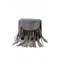 Сіра жіноча сумочка з еко-шкіри, з довгою бахромою на металевих кільцях