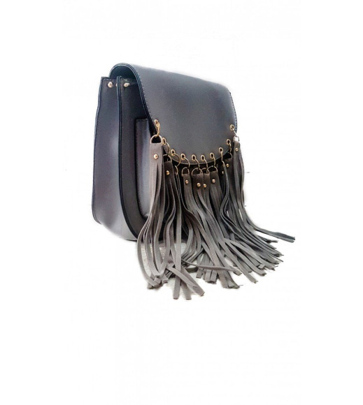 Серая женская сумочка из эко-кожи с длинной бахромой на металлических кольцах