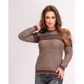 Коричневий вовняний светр об`ємної в`язки з кольоровим декором