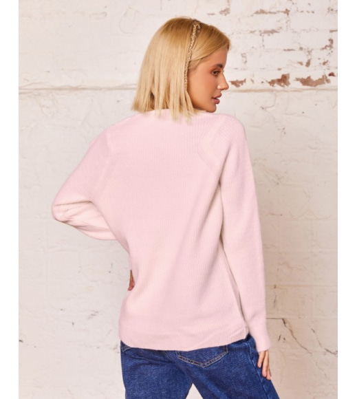 Розовый шерстяной свитер с фигурной горловиной