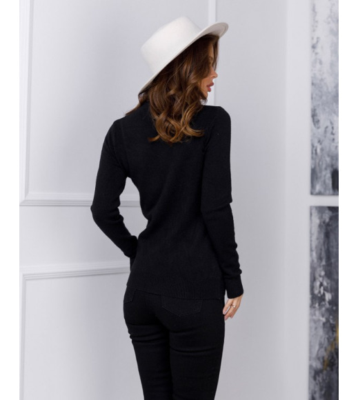 Черный ангоровый свитер с бусинами и цветочной аппликацией