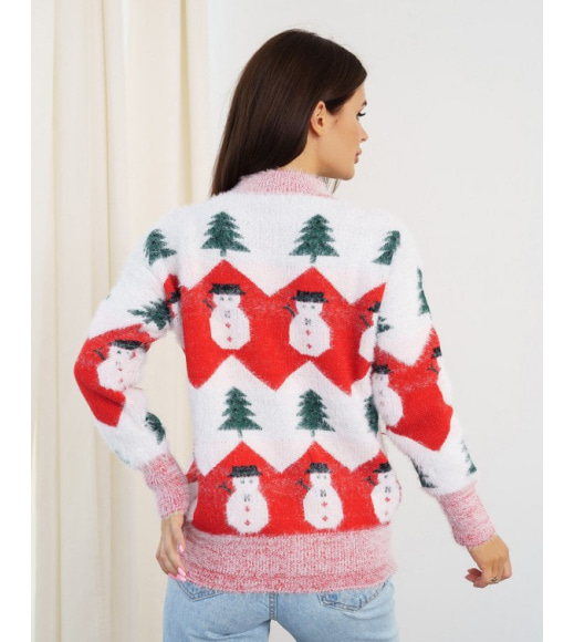 Мохеровый красный теплый свитер со снеговиками