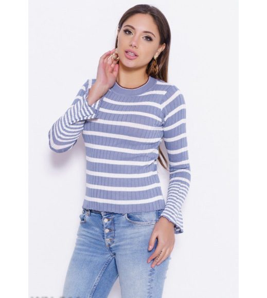 Сіро-білий смугастий светр з розкльошеними рукавами