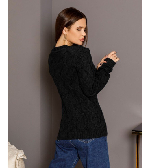 Чорний вовняний светр об`ємної комбінованої в`язки