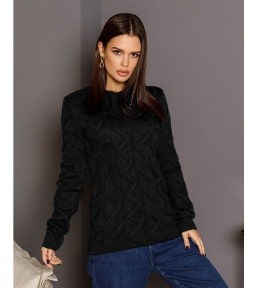 Черный шерстяной свитер объемной комбинированной вязки