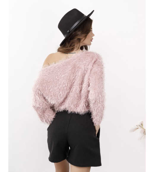 Розовый свободный свитер-травка с широкой горловиной