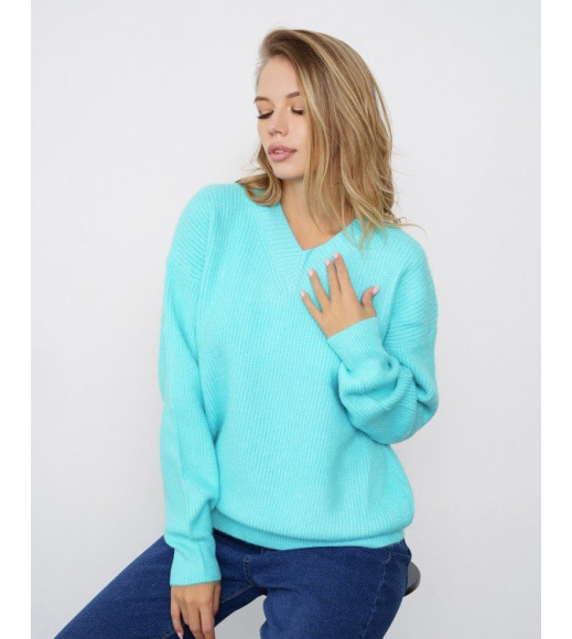 Голубой шерстяной вязаный пуловер