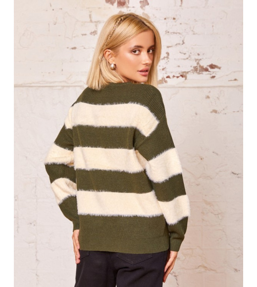 Зелено-белый комбинированный полосатый свитер