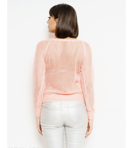 Персиковый вязаный ажурный свитер с перфорацией