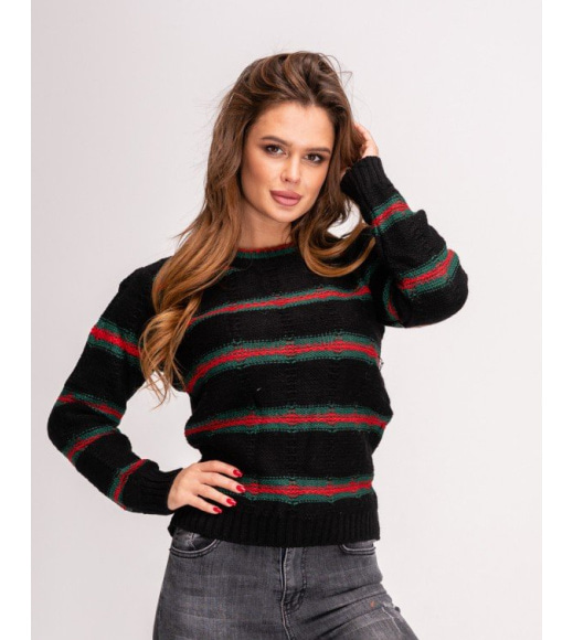 Черный вязаный свитер с красно-зелеными полосками