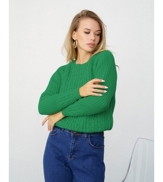 Зелений трикотажний светр з аранами