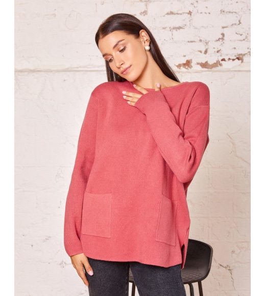 Розовый асимметричный свитер с карманами