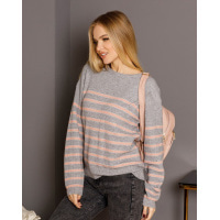Сіро-рожевий в`язаний смугастий светр з люрексом