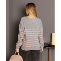 Серо-розовый вязаный полосатый свитер с люрексом
