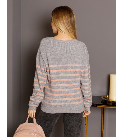 Серо-розовый вязаный полосатый свитер с люрексом