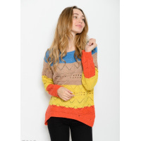 Полосатый яркий свитер с перфорацией и удлиненной спинкой