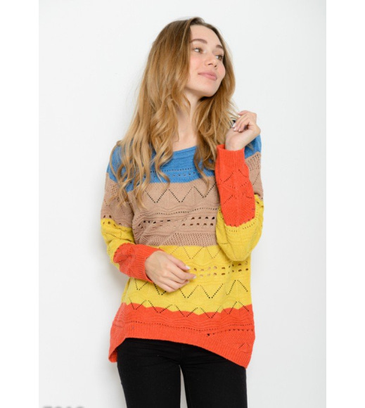 Полосатый яркий свитер с перфорацией и удлиненной спинкой