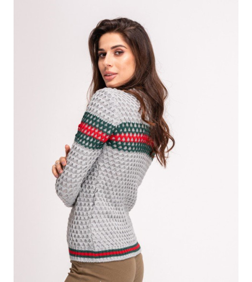 Сірий вовняний светр об`ємної в`язки з кольоровим декором
