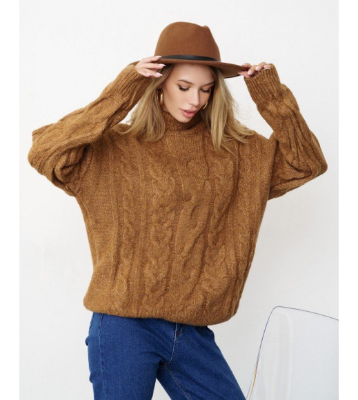 Коричневий вовняний трикотажний светр з аранами