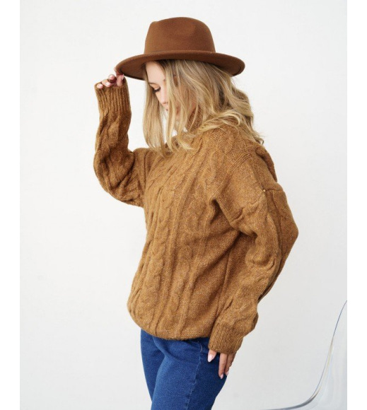Коричневий вовняний трикотажний светр з аранами