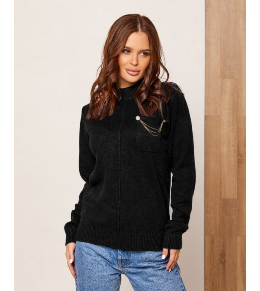Черный ангоровый свитер с накладным карманом