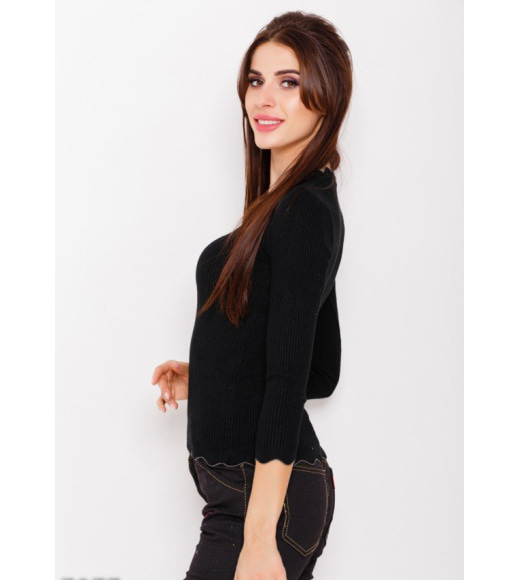 Чорний ангоровий светр в рубчик з фактурними хвилястими манжетами