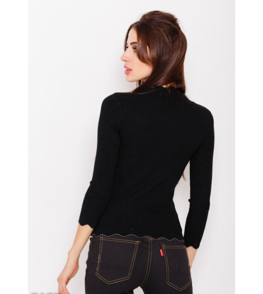 Черный ангоровый свитер в рубчик с фактурными волнистыми манжетами