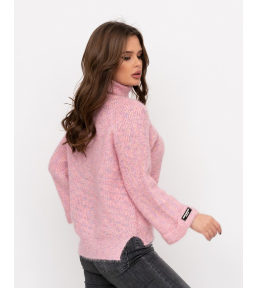 Розовый свободный вязаный свитер-травка