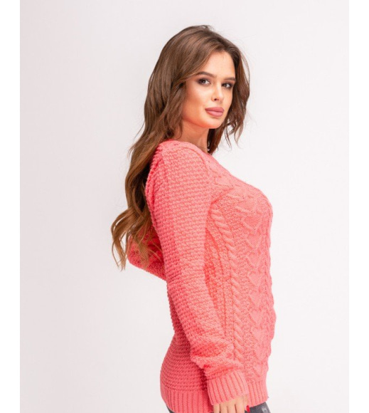 Коралловый теплый свитер объемной вязки
