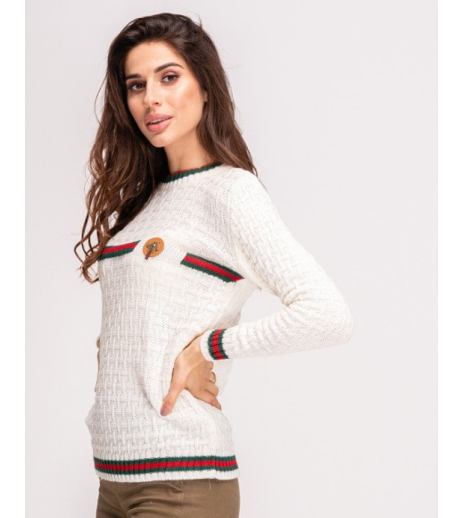 Белый шерстяной вязаный свитер с полосками и брошью