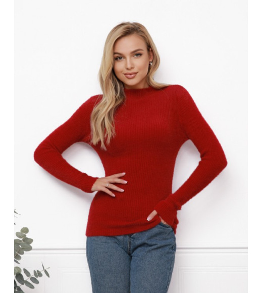 Червоний фактурний светр-травичка з високим горлом
