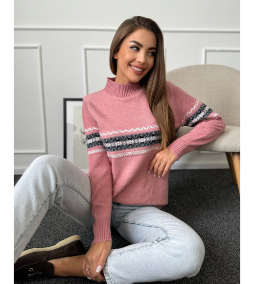 Кашемировая розовая водолазка с орнаментом