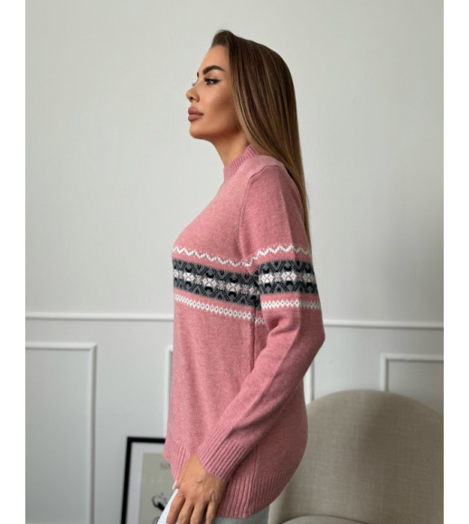 Кашемировая розовая водолазка с орнаментом