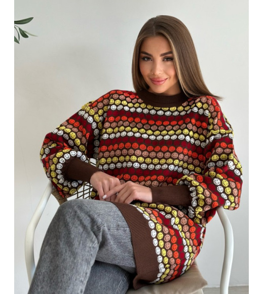 Коричневий вовняний светр зі смайликами