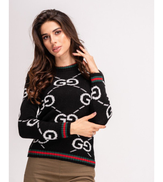 Чорний вовняний светр з лого і кольоровими манжетами