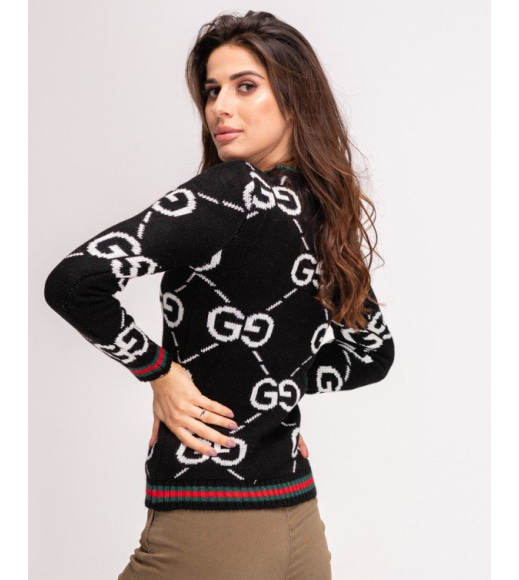 Черный шерстяной свитер с лого и цветными манжетами
