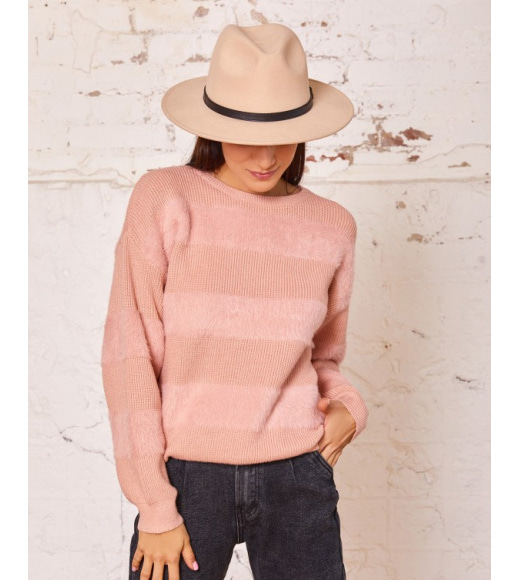 Розовый комбинированный полосатый свитер