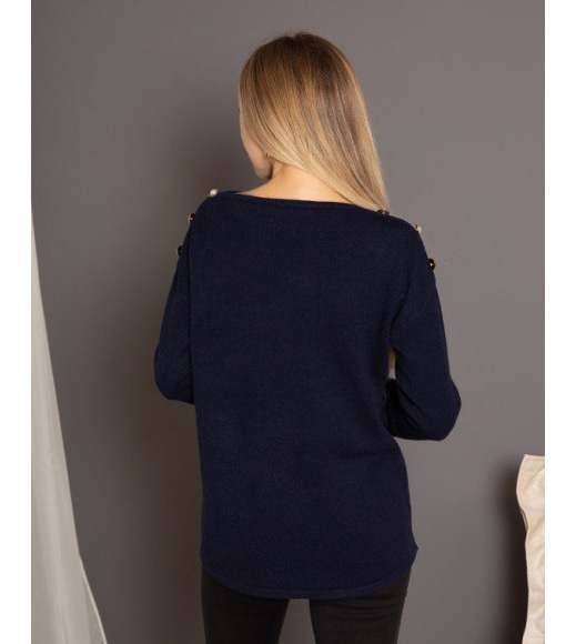 Темно-синий ангоровый свитер с пуговицами на плечах