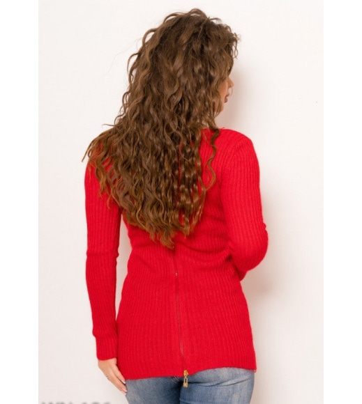 Красный ангоровый свитер с молнией на спине и карманами спереди