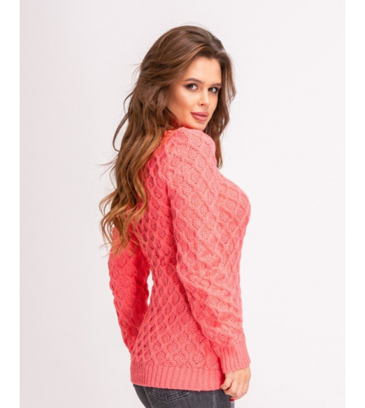 Коралловый шерстяной удлиненный вязаный свитер
